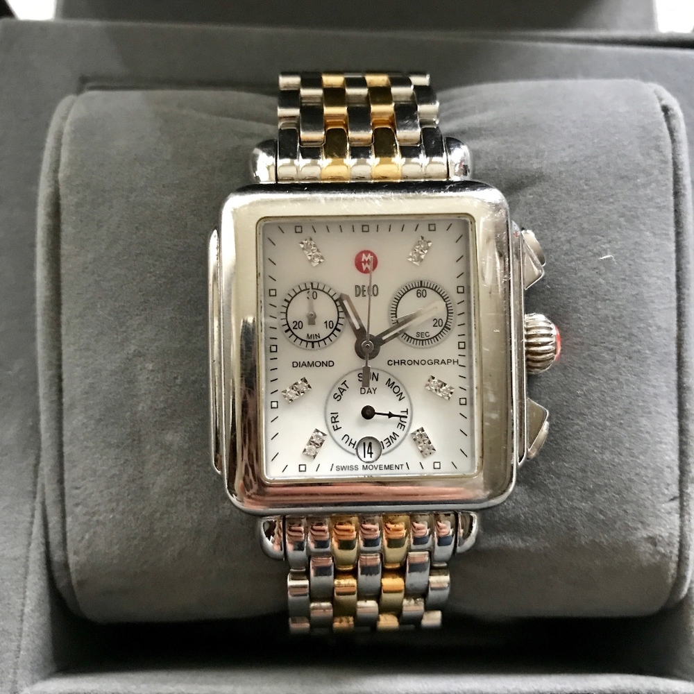 Michele Deco 16 Diamond Dial Watch w/ Gold Silver